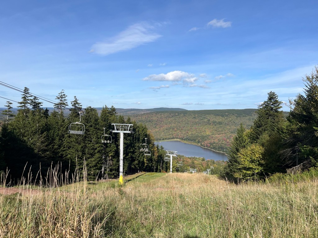 A scenic view from a mountainside featuring a ski lift, tall trees, and a lake surrounded by autumn foliage under a clear blue sky.